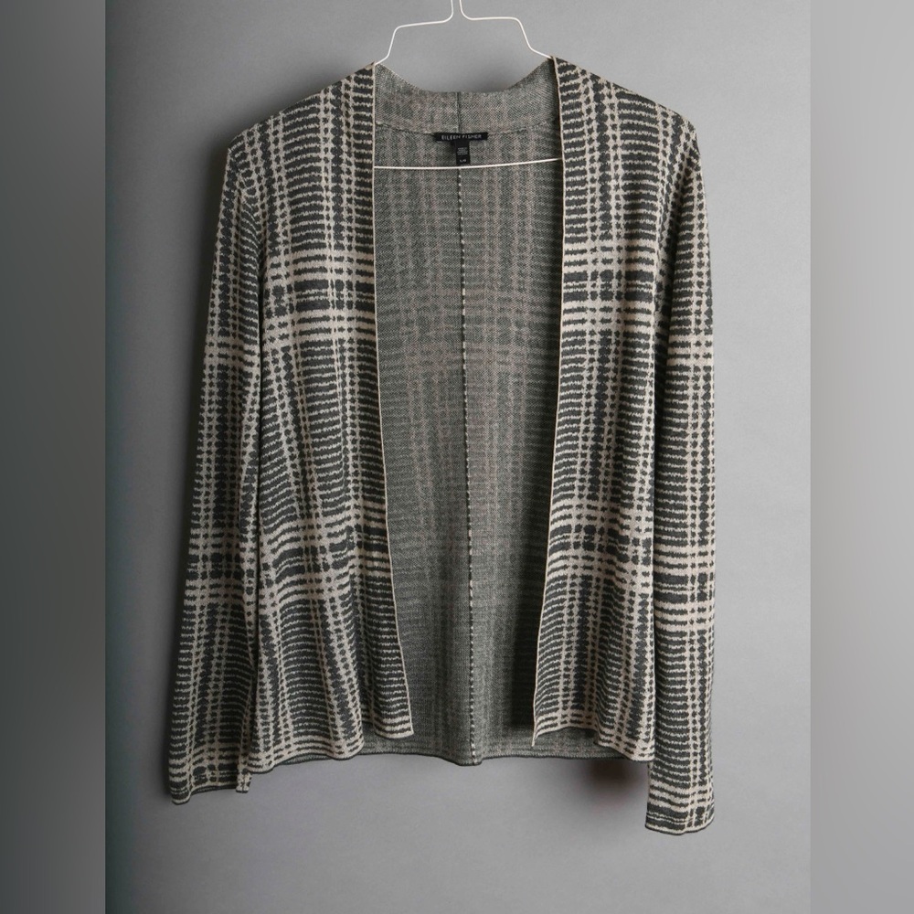 Eileen Fisher instarsia plaid pattern open cardi size L